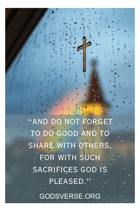 A cross on a rainy window, with a distant church in the background, gently evokes reflection. Below, an offering verse from the Bible adds depth to the scene.