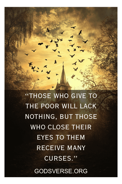 Silhouette of birds flying over a church at sunset, accompanied by a quote on offering verses for church that inspire giving to the poor.