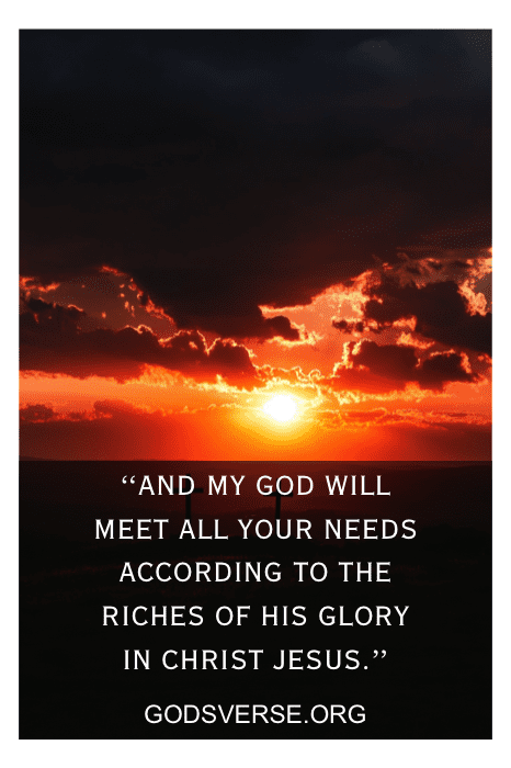 Horizonte do pôr do sol com nuvens vermelhas brilhantes. As Escrituras da Bíblia sobre o estresse dizem: "E o meu Deus suprirá todas as necessidades de vocês, de acordo com as riquezas da Sua glória em Cristo Jesus.