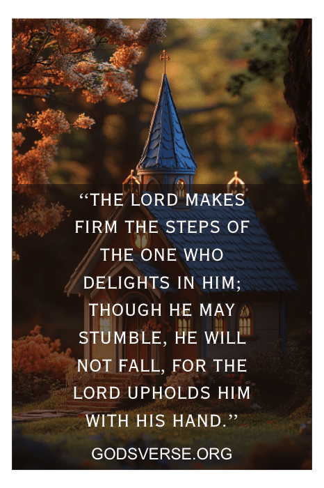 A small chapel in an autumn forest with a quote about God's guidance and support, featuring Bible Verses for Men.