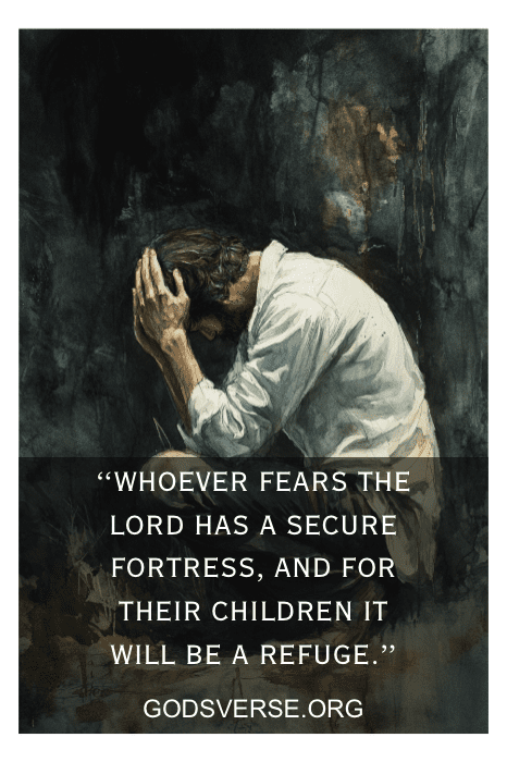 A man, head bowed in prayer, with a quote about fearing the Lord and it being a secure fortress. Discover inspiring Bible Verses for Men.
