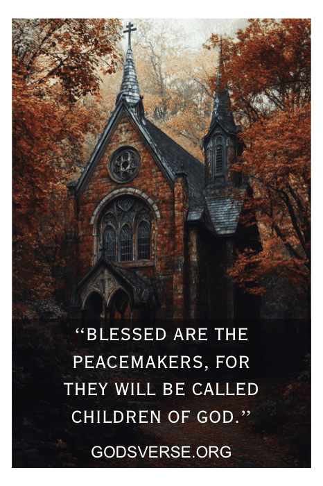 A small, red brick church in a forest with autumn leaves and a quote about peacemakers from Bible Verses for Men.