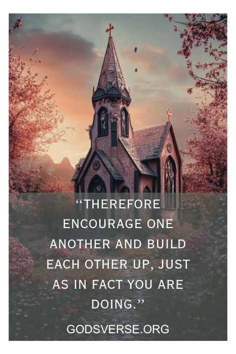 A small church surrounded by pink foliage with a motivational Bible quote overlay. Text: "Therefore encourage one another…" Discover more inspiring Bible Verses for Men.