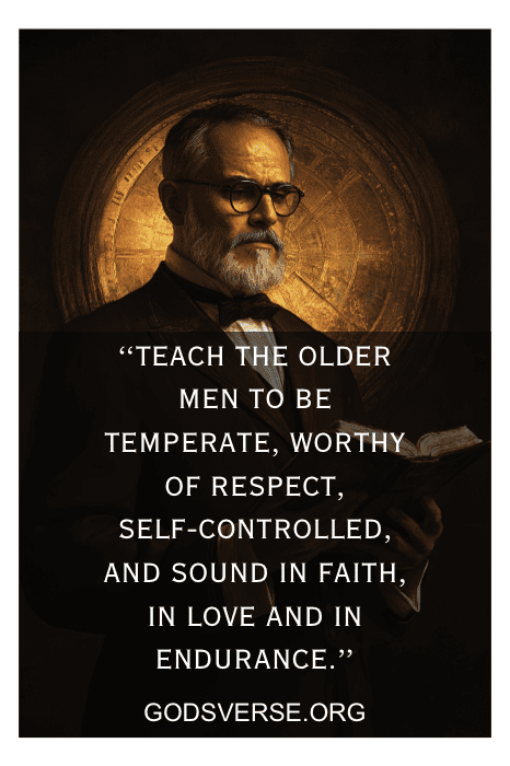 Elderly man with glasses holding a book, with a quote overlay: "Teach the older men to be temperate...in endurance." Bible Verses for Men.