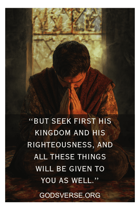 A man prays intensely inside a dimly-lit room with the text: "But seek first His kingdom..." overlayed, highlighting powerful Bible verses for men.