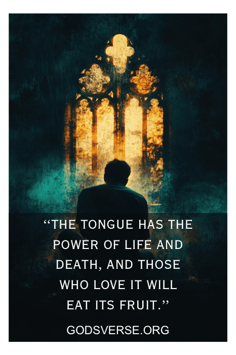 A person sits facing a glowing window, with text overlay: "The tongue has the power of life and death... Bible Verses for Men.