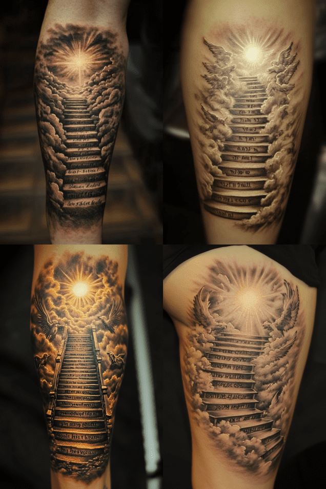 Four tattoos feature stairs leading through clouds to a bright light, capturing the essence of ascension and spiritual journey. Perfect as Bible tattoo ideas for men, they embody faith and divine inspiration with every step upward.