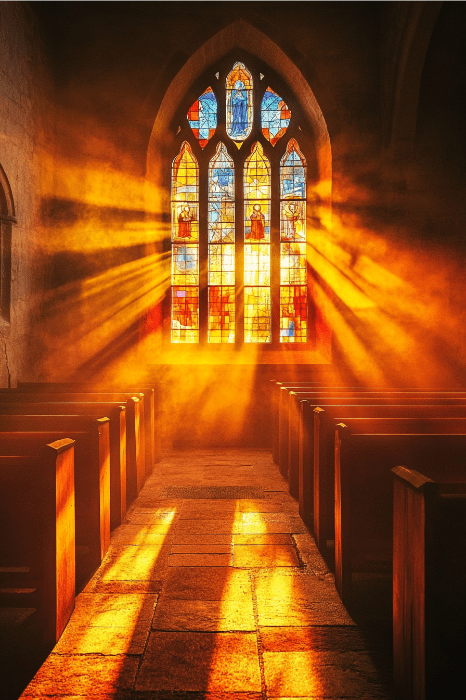 A luz do sol atravessa um vitral em uma igreja, lançando raios coloridos sobre os bancos, como se ecoasse os versículos bíblicos sobre força mental.