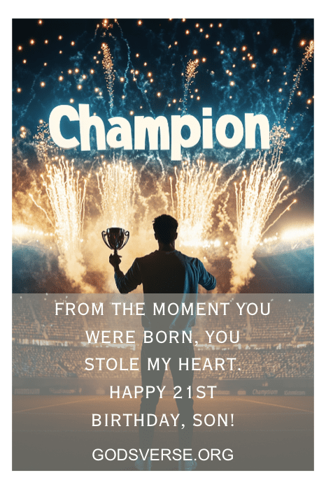 Silhouette holding a trophy amid fireworks, with text celebrating a son's 21st birthday.