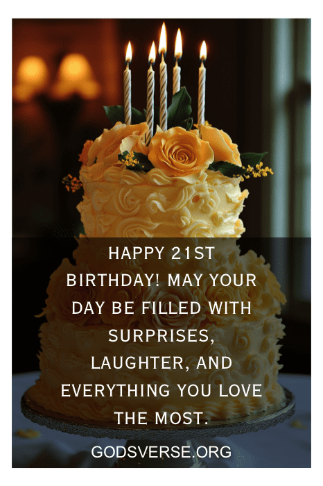 A towering yellow rose cake adorned with flickering candles elegantly stands as the centerpiece, accompanied by a heartfelt birthday message overlay celebrating a son's 21st journey into adulthood. The "GODSVERSE.ORG" text adds a touch of warmth and inspiration to this memorable moment.