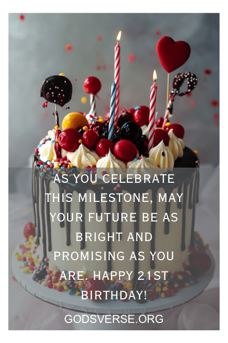 Festive cake adorned with candles and colorful decorations celebrates the joyous occasion, with "Happy 21st Birthday" and heartfelt sons 21st birthday quotes in the background.