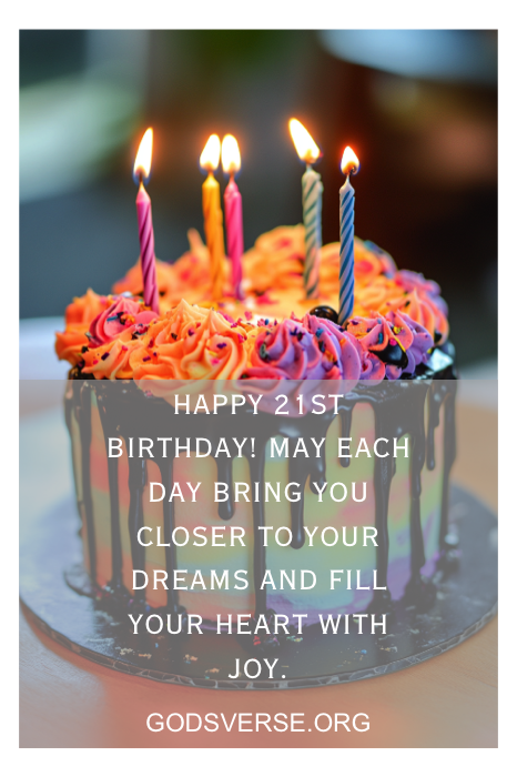 A colorful birthday cake with candles sits alongside a heartfelt message celebrating a son's 21st birthday. For more inspiration, visit: godsverse.org.