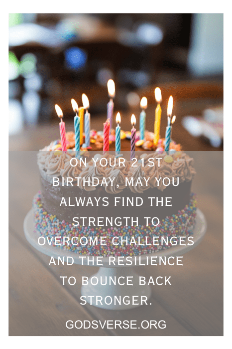 A birthday cake with lit candles and an inspirational message about strength and resilience, perfect for celebrating your son's 21st birthday.