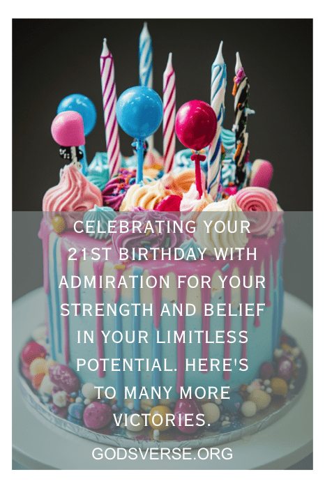 Colorful birthday cake with candles and balloons, complete with overlay text and heartfelt sons 21st birthday quotes, celebrating a milestone from godsverse.org.
