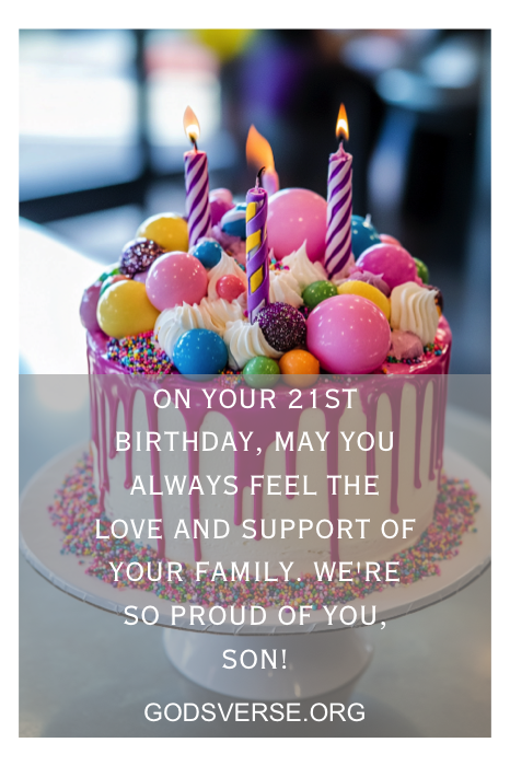 A colorful birthday cake adorned with candles and a heartfelt message brings joy to a son's 21st birthday celebration, perfectly capturing the essence of cherished sons' 21st birthday quotes.