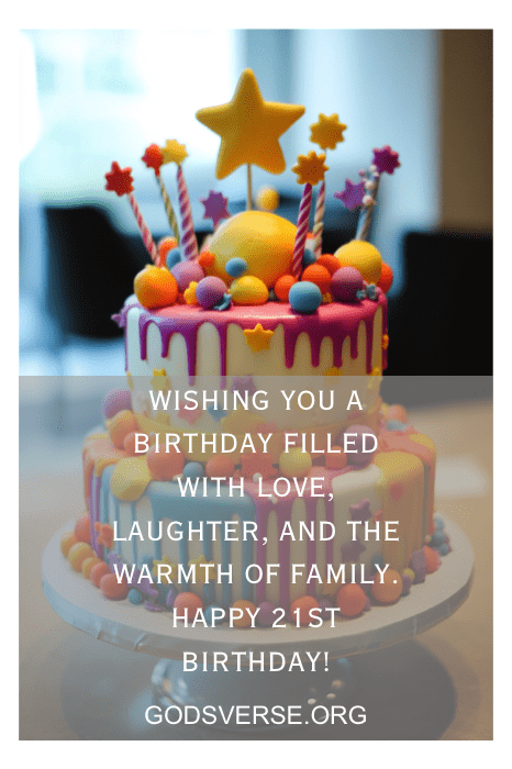 Colorful birthday cake with star topper and candles, featuring a warm message perfect for celebrating your son's 21st birthday.