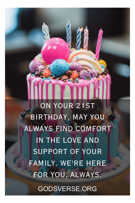 Colorful cake with candles for a son's 21st birthday. Heartfelt quotes and messages about love and support from family, celebrating this special milestone.