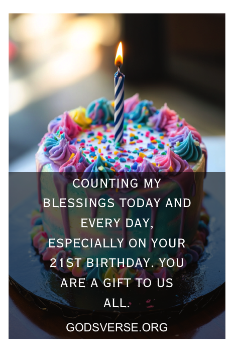 A colorful birthday cake with a lit candle and a heartfelt message overlay, perfect for celebrating your son's 21st birthday with meaningful quotes.