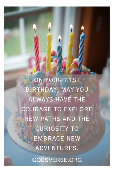Birthday cake with colorful candles and an inspirational text overlay featuring heartfelt sons 21st birthday quotes.