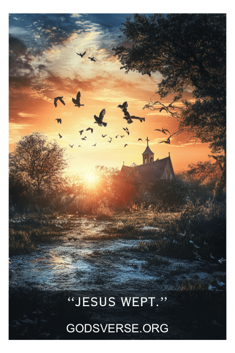 Uma igreja rural se aquece no brilho dourado do pôr do sol, com pássaros voando acima, evocando uma reverência serena. Legenda na parte inferior: "Jesus chorou", refletindo consolo e escritura durante momentos de perda, como versículos bíblicos sobre o falecimento de um pai.