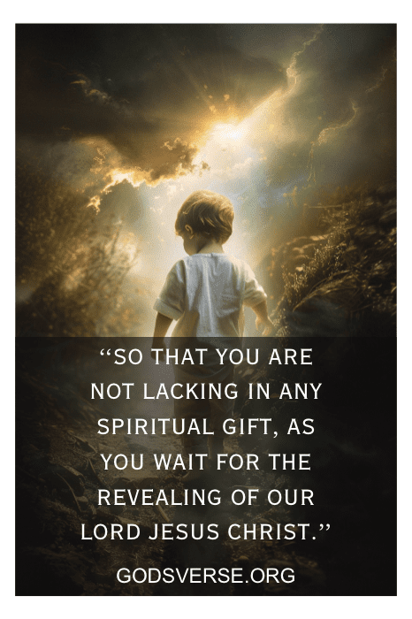 A child stands in a forest with light shining down; a quote from 1 Corinthians 1:7 and a reference to godsverse.org remind us of Bible verses about waiting on the Lord.