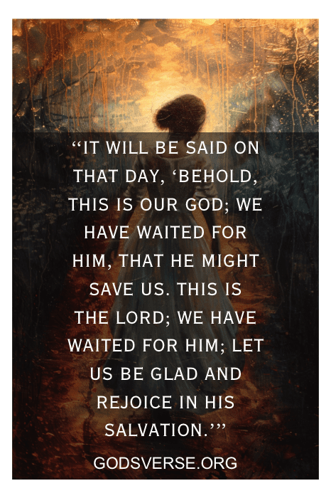 An ethereal background with a Bible quote about salvation from Godsverse.org overlaid in white text, perfect for those seeking inspiration and reflecting on Bible verses about waiting on the Lord.