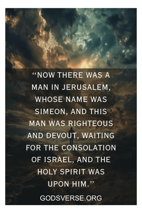 Quote from the Bible about Simeon with a stormy sky background, and the text "Bible Verses About Waiting on the Lord" at the bottom.