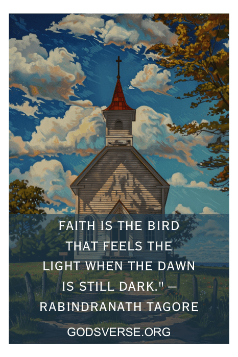 Uma pequena igreja com telhado vermelho sob um céu azul, adornada com uma das citações inspiradoras de Rabindranath Tagore para a igreja sobre fé.