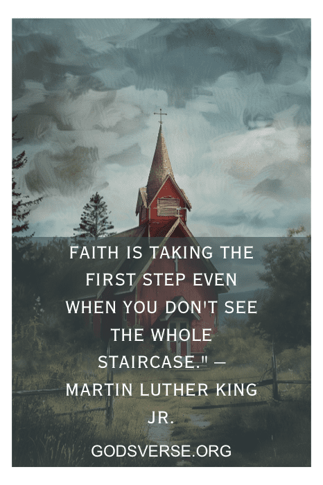 Uma igreja vermelha com uma citação de Martin Luther King Jr. sobre fé, com o site godsverse.org escrito na parte inferior, serve como um exemplo inspirador de citações para ambientes de igreja.