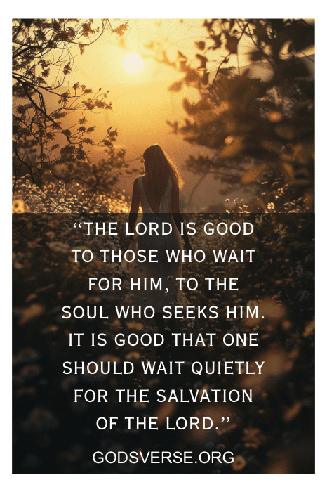 A person in a field at sunset with a Bible verse overlay: "The Lord is good to those who wait for Him." - GODSVERSE.ORG. Discover more *Bible Verses About Waiting on the Lord*.