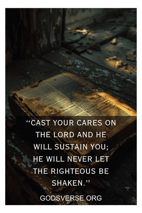 Bíblia aberta em uma mesa de madeira com luz solar. Texto sobreposto: "Lance suas preocupações sobre o Senhor e ele o susterá". Descubra mais versículos bíblicos para deixar ir.