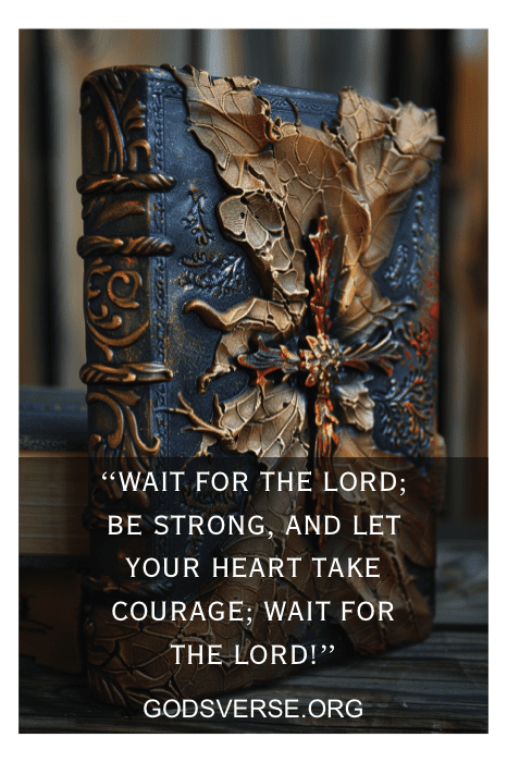 Intricately designed book cover with floral motifs and a cross, featuring Bible verses about waiting on the Lord.