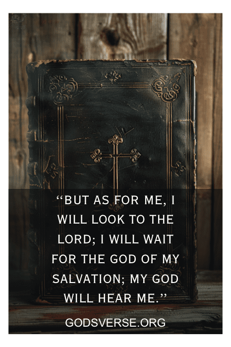 An old, weathered book with a cross on the cover, featuring a quote about faith and the URL "godsverse.org," offers reflections from Bible verses about waiting on the Lord.