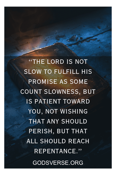 An old book lies on a table with the text: "The Lord is not slow to fulfill his promise..." and "GODSVERSE.ORG" below it, embodying Bible Verses About Waiting on the Lord.