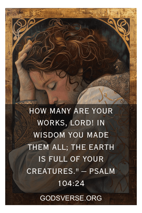 Pintura de uma pessoa descansando em seu braço com o texto: "Salmo 104:24" e um versículo bíblico sobre a bondade de Deus sobreposto em primeiro plano.