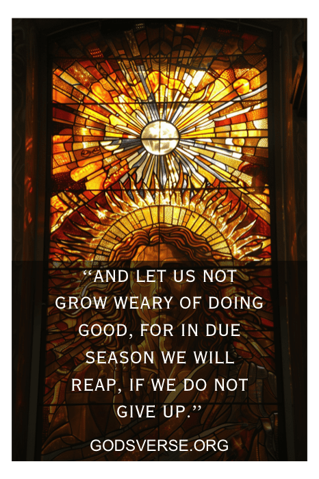 Stained glass window with a sun and text: "And let us not grow weary of doing good, for in due season we will reap, if we do not give up." A beautiful reminder from Bible verses about waiting on the Lord.