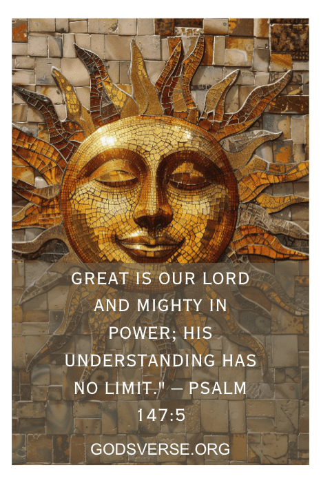 Um desenho de sol em mosaico com um rosto e o texto do Salmo 147:5: "Grande é o nosso Senhor e poderoso em força; o seu entendimento não tem limites." Essa bela peça destaca um dos versículos bíblicos sobre a bondade de Deus.