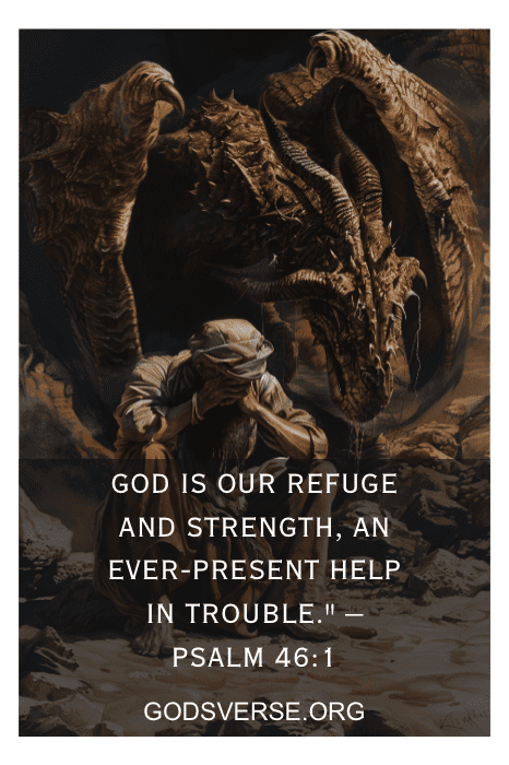 Uma pessoa agachada cercada por um dragão com o texto: "Deus é nosso refúgio e fortaleza..." - Salmo 46:1. Encontre mais versículos bíblicos sobre tentação em godsverse.org.