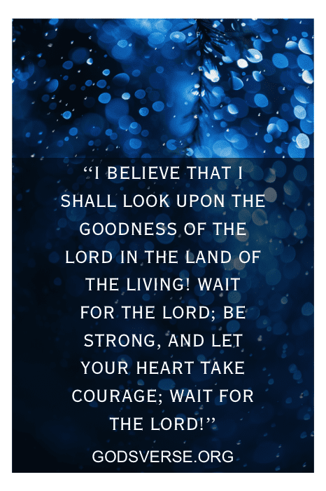 Text on a blue, sparkling background: “I believe...Wait for the Lord; be strong...Wait for the Lord!” Find Bible verses about waiting on the Lord at GODSVERSE.ORG.