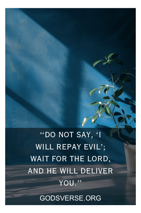 Potted plant by a blue wall with the text: "Do not say, 'I will repay evil;' wait for the Lord, and He will deliver you." A perfect reminder from Bible Verses About Waiting on the Lord.