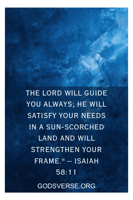 Fundo azul texturizado com o texto: "O Senhor o guiará sempre... Isaías 58:11" e "godsverse.org" abaixo. Descubra mais versículos bíblicos sobre a bondade de Deus e encontre inspiração diariamente.