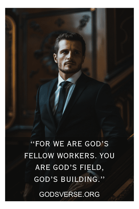 Um homem solene em um terno fica em um ambiente interno com texto bíblico: "Pois somos companheiros de trabalho de Deus... o edifício de Deus". Encontre inspiração em god'sverse.org com versículos bíblicos para líderes.
