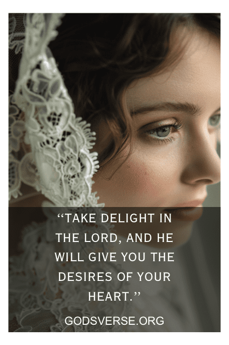 Close-up de uma noiva com um véu de renda. Texto sobreposto: "Deleite-se no Senhor, e Ele lhe concederá os desejos do seu coração. Waiting on God for a Husband Quotes (Esperando em Deus por um marido).