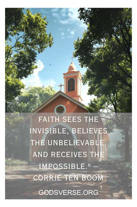 Uma pequena igreja cercada por árvores com uma citação de Corrie Ten Boom sobre fé sobreposta à imagem, perfeita para quem busca citações para inspiração na igreja.