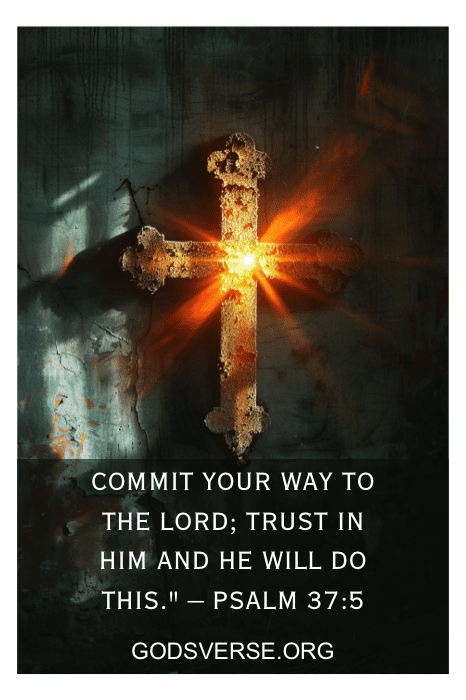 Uma cruz brilhante com o texto: "Entregue seu caminho ao Senhor; confie Nele e Ele fará isso". - Salmo 37:5, godsverse.org. Descubra mais versículos bíblicos sobre a bondade de Deus.