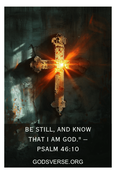 Cruz brilhante com o texto "Aquietai-vos e sabei que eu sou Deus". - Salmo 46:10, e o site GODSVERSE.ORG. Perfeito para quem está buscando citações do Giving It to God para inspiração e paz.