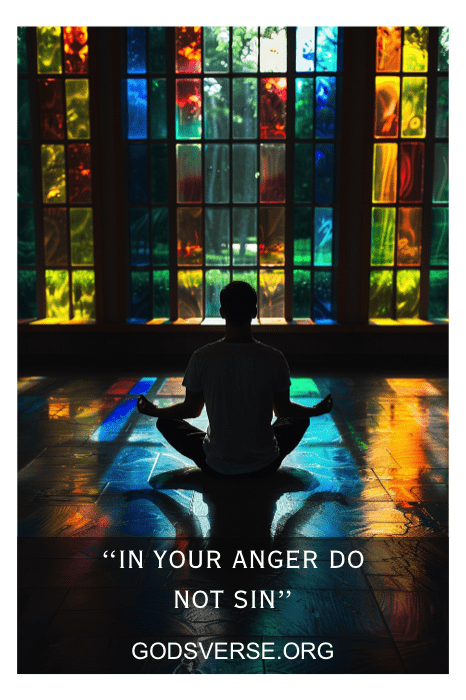 Uma pessoa medita em frente a vitrais coloridos com o texto "In your anger do not sin" e "godsverse.org", refletindo sobre versículos bíblicos sobre autocontrole.