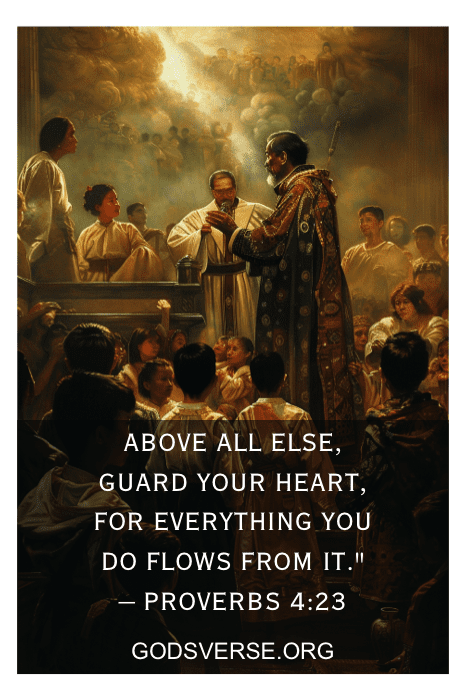 Uma cena religiosa com um padre e uma congregação, apresentando o texto de Provérbios 4:23 e Versículos Bíblicos para Tentação no site GODSVERSE.ORG.