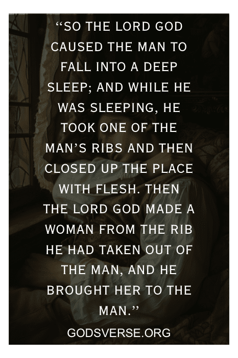 Uma pessoa dorme enquanto uma mulher é criada a partir de sua costela, destacando o momento descrito em Gênesis 2:21-22. Essa cena está em sintonia com os versículos bíblicos sobre o sono e a criação.