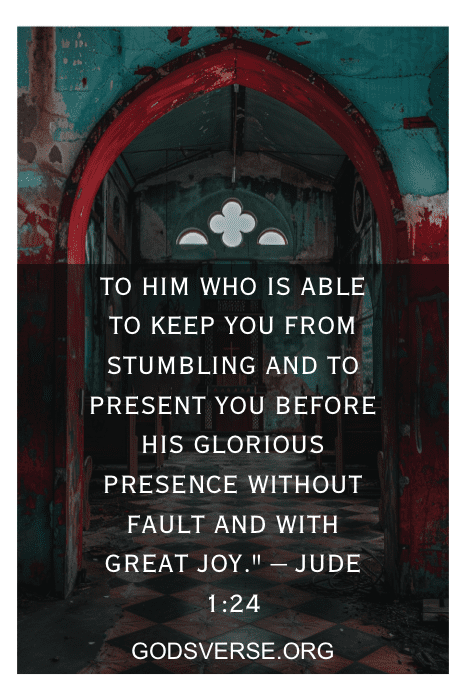 Texto sobreposto em uma imagem do interior de uma igreja antiga. O texto diz: "Judas 1:24", com o versículo e o site Godsverse.org, destacando versículos bíblicos sobre a bondade de Deus.